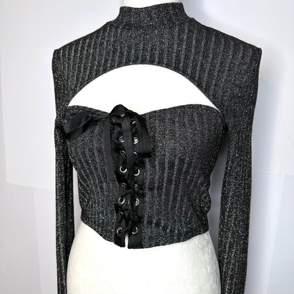 TOPSHOP Black Shimmer Front Cutout Sexy Lace Up Corset Long Sleeve Top 10 Large - Picture 2 of 7